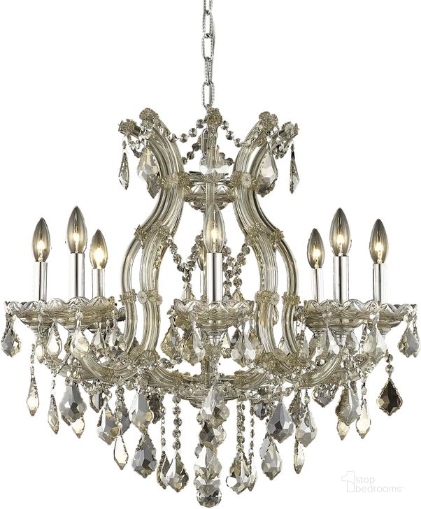 The appearance of Maria Theresa 26 Golden Teak 9 Light Chandelier With Golden Teak Royal Cut Crystal Trim designed by Elegant Lighting in the glam interior design. This gold piece of furniture  was selected by 1StopBedrooms from Maria Theresa Collection to add a touch of cosiness and style into your home. Sku: 2800D26GT-GT/RC. Material: Glass. Product Type: Chandelier.