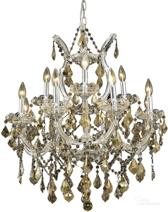 The appearance of 2800d27c GtRc Maria Theresa 27 Chrome 13 Light Chandelier With Golden Teak Royal Cut Crystal Trim designed by Elegant Lighting in the glam interior design. This chrome piece of furniture  was selected by 1StopBedrooms from Maria Theresa Collection to add a touch of cosiness and style into your home. Sku: 2800D27C-GT/RC. Material: Glass. Product Type: Chandelier.