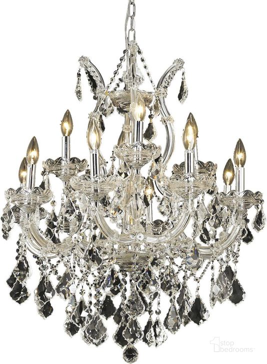 The appearance of 2800d27cRc Maria Theresa 27 Chrome 13 Light Chandelier With Clear Royal Cut Crystal Trim designed by Elegant Lighting in the glam interior design. This chrome piece of furniture  was selected by 1StopBedrooms from Maria Theresa Collection to add a touch of cosiness and style into your home. Sku: 2800D27C/RC. Material: Glass. Product Type: Chandelier.
