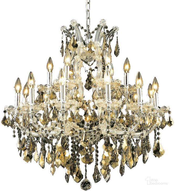 The appearance of 2800d30c GtRc Maria Theresa 30 Chrome 19 Light Chandelier With Golden Teak Royal Cut Crystal Trim designed by Elegant Lighting in the glam interior design. This chrome piece of furniture  was selected by 1StopBedrooms from Maria Theresa Collection to add a touch of cosiness and style into your home. Sku: 2800D30C-GT/RC. Material: Glass. Product Type: Chandelier.