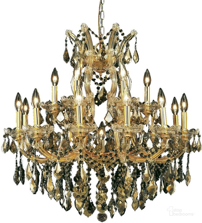 The appearance of 2800d30g GtRc Maria Theresa 30 Gold 19 Light Chandelier With Golden Teak Royal Cut Crystal Trim designed by Elegant Lighting in the glam interior design. This gold piece of furniture  was selected by 1StopBedrooms from Maria Theresa Collection to add a touch of cosiness and style into your home. Sku: 2800D30G-GT/RC. Material: Glass. Product Type: Chandelier.