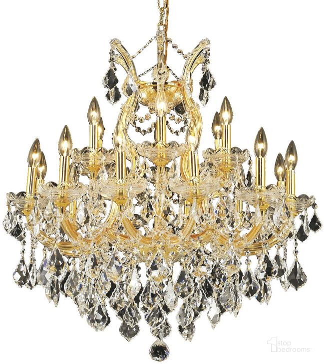 The appearance of 2800d30gRc Maria Theresa 30 Gold 19 Light Chandelier With Clear Royal Cut Crystal Trim designed by Elegant Lighting in the glam interior design. This gold piece of furniture  was selected by 1StopBedrooms from Maria Theresa Collection to add a touch of cosiness and style into your home. Sku: 2800D30G/RC. Material: Glass. Product Type: Chandelier.