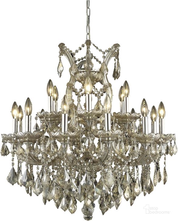 The appearance of Maria Theresa 30 Golden Teak 19 Light Chandelier With Golden Teak Royal Cut Crystal Trim designed by Elegant Lighting in the glam interior design. This gold piece of furniture  was selected by 1StopBedrooms from Maria Theresa Collection to add a touch of cosiness and style into your home. Sku: 2800D30GT-GT/RC. Material: Glass. Product Type: Chandelier.