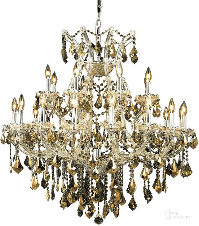 The appearance of 2800d36c GtRc Maria Theresa 36 Chrome 24 Light Chandelier With Golden Teak Royal Cut Crystal Trim designed by Elegant Lighting in the glam interior design. This chrome piece of furniture  was selected by 1StopBedrooms from Maria Theresa Collection to add a touch of cosiness and style into your home. Sku: 2800D36C-GT/RC. Material: Glass. Product Type: Chandelier.