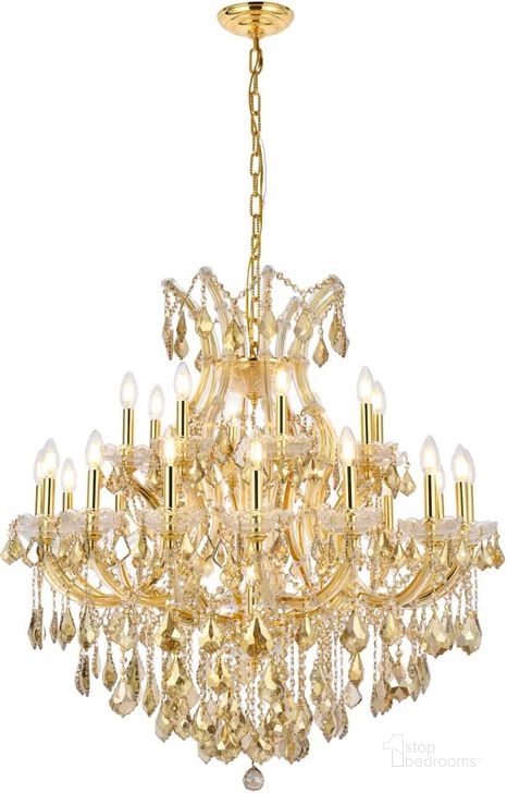 The appearance of 2800d36g GtRc Maria Theresa 36" Gold 24 Light Chandelier With Golden Teak Royal Cut Crystal Trim designed by Elegant Lighting in the glam interior design. This gold piece of furniture  was selected by 1StopBedrooms from Maria Theresa Collection to add a touch of cosiness and style into your home. Sku: 2800D36G-GT/RC. Material: Glass. Product Type: Chandelier. Image1