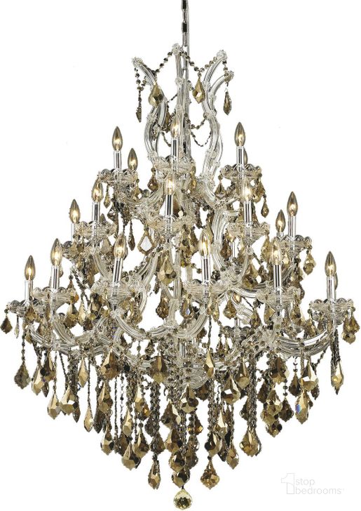 The appearance of 2800d38c GtRc Maria Theresa 38 Chrome 28 Light Chandelier With Golden Teak Royal Cut Crystal Trim designed by Elegant Lighting in the glam interior design. This gold piece of furniture  was selected by 1StopBedrooms from Maria Theresa Collection to add a touch of cosiness and style into your home. Sku: 2800D38C-GT/RC. Material: Glass. Product Type: Chandelier.