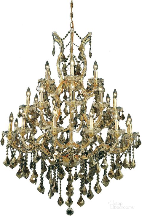 The appearance of 2800d38g GtRc Maria Theresa 38 Gold 28 Light Chandelier With Golden Teak Royal Cut Crystal Trim designed by Elegant Lighting in the glam interior design. This gold piece of furniture  was selected by 1StopBedrooms from Maria Theresa Collection to add a touch of cosiness and style into your home. Sku: 2800D38G-GT/RC. Material: Glass. Product Type: Chandelier.