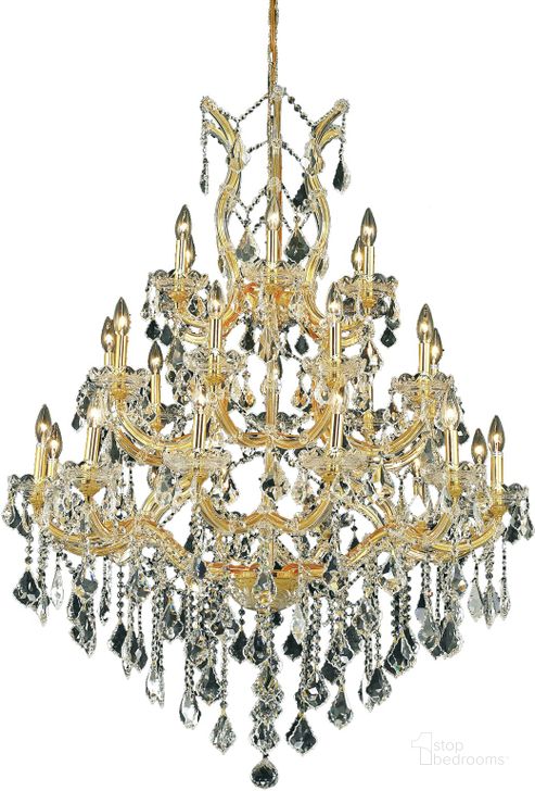 The appearance of 2800d38gRc Maria Theresa 38 Gold 28 Light Chandelier With Clear Royal Cut Crystal Trim designed by Elegant Lighting in the glam interior design. This gold piece of furniture  was selected by 1StopBedrooms from Maria Theresa Collection to add a touch of cosiness and style into your home. Sku: 2800D38G/RC. Material: Glass. Product Type: Chandelier.