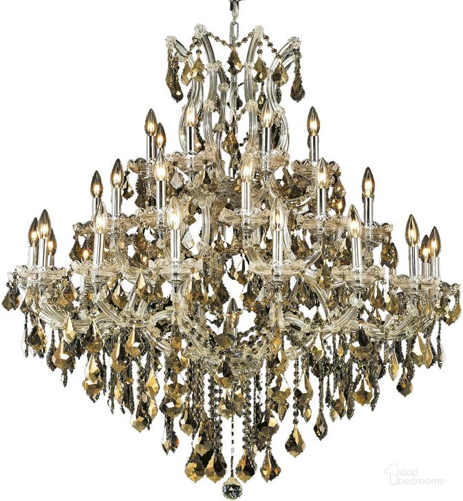 The appearance of 2800g44c GtRc Maria Theresa 44 Chrome 37 Light Chandelier With Golden Teak Royal Cut Crystal Trim designed by Elegant Lighting in the glam interior design. This chrome piece of furniture  was selected by 1StopBedrooms from Maria Theresa Collection to add a touch of cosiness and style into your home. Sku: 2800G44C-GT/RC. Material: Glass. Product Type: Chandelier.