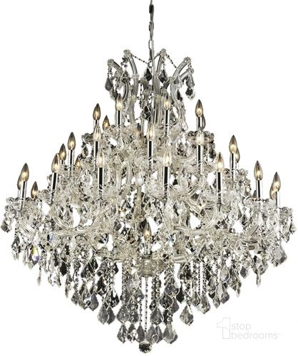 The appearance of 2800g44cRc Maria Theresa 44 Chrome 37 Light Chandelier With Clear Royal Cut Crystal Trim designed by Elegant Lighting in the glam interior design. This chrome piece of furniture  was selected by 1StopBedrooms from Maria Theresa Collection to add a touch of cosiness and style into your home. Sku: 2800G44C/RC. Material: Glass. Product Type: Chandelier.