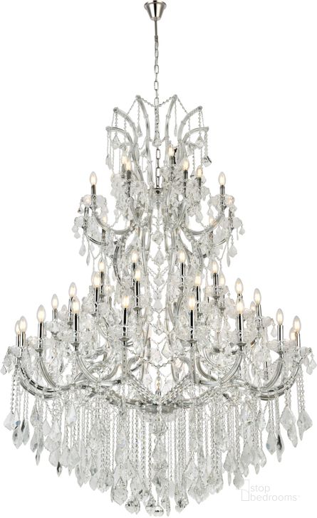 The appearance of 2800G54C/RC Maria Theresa 54" Chrome 61 Light Chandelier With Clear Royal Cut Crystal Trim designed by Elegant Lighting in the glam interior design. This chrome piece of furniture  was selected by 1StopBedrooms from Maria Theresa Collection to add a touch of cosiness and style into your home. Sku: 2800G54C/RC. Material: Glass. Product Type: Chandelier. Image1