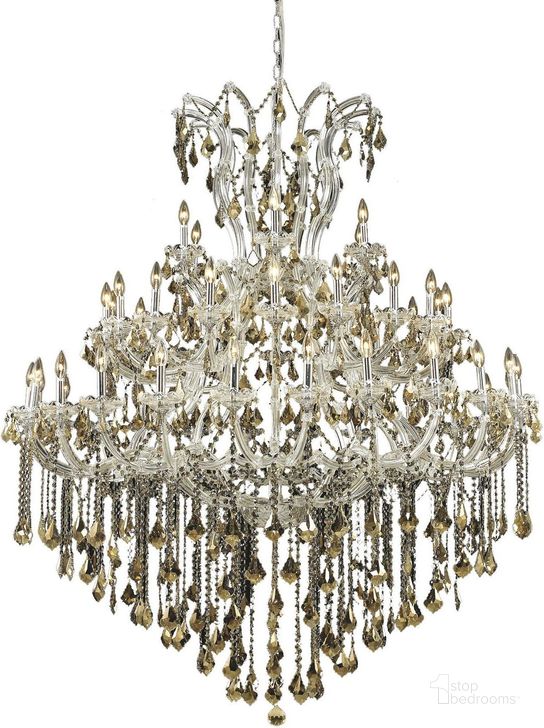 The appearance of 2800G60C-GT/RC Maria Theresa 60 Chrome 49 Light Chandelier With Golden Teak Royal Cut Crystal Trim designed by Elegant Lighting in the glam interior design. This chrome piece of furniture  was selected by 1StopBedrooms from Maria Theresa Collection to add a touch of cosiness and style into your home. Sku: 2800G60C-GT/RC. Material: Glass. Product Type: Chandelier.