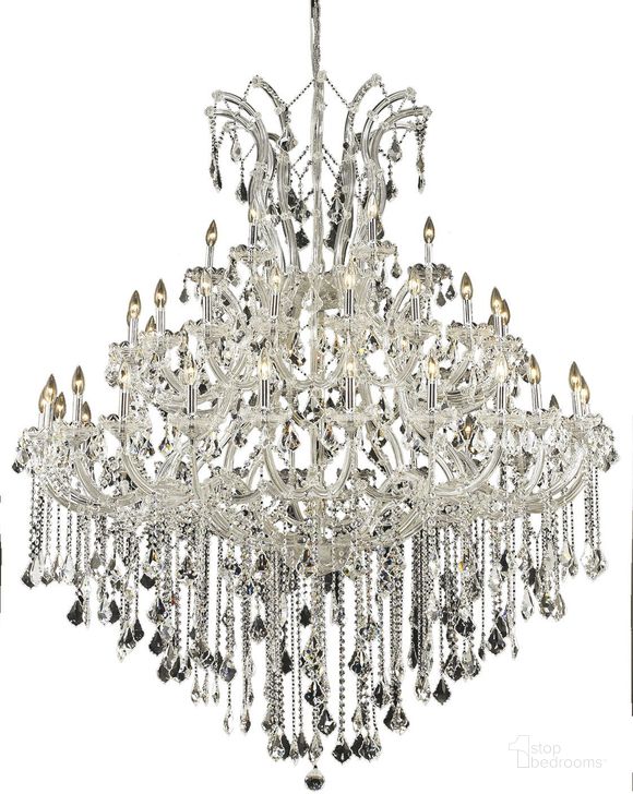 The appearance of 2800G60C/RC Maria Theresa 60 Chrome 49 Light Chandelier With Clear Royal Cut Crystal Trim designed by Elegant Lighting in the glam interior design. This chrome piece of furniture  was selected by 1StopBedrooms from Maria Theresa Collection to add a touch of cosiness and style into your home. Sku: 2800G60C/RC. Material: Glass. Product Type: Chandelier.