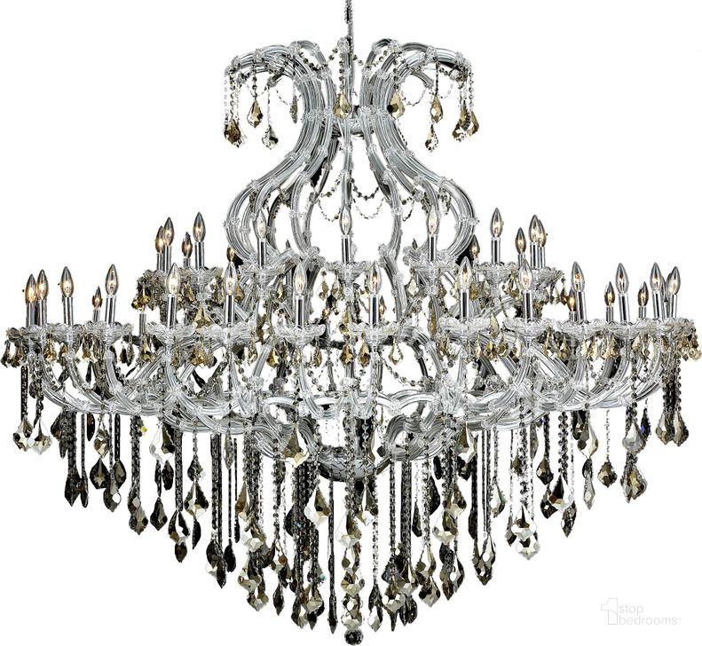 The appearance of 2800G72C-GT/RC Maria Theresa 72 Chrome 49 Light Chandelier With Golden Teak Royal Cut Crystal Trim designed by Elegant Lighting in the glam interior design. This chrome piece of furniture  was selected by 1StopBedrooms from Maria Theresa Collection to add a touch of cosiness and style into your home. Sku: 2800G72C-GT/RC. Material: Glass. Product Type: Chandelier.