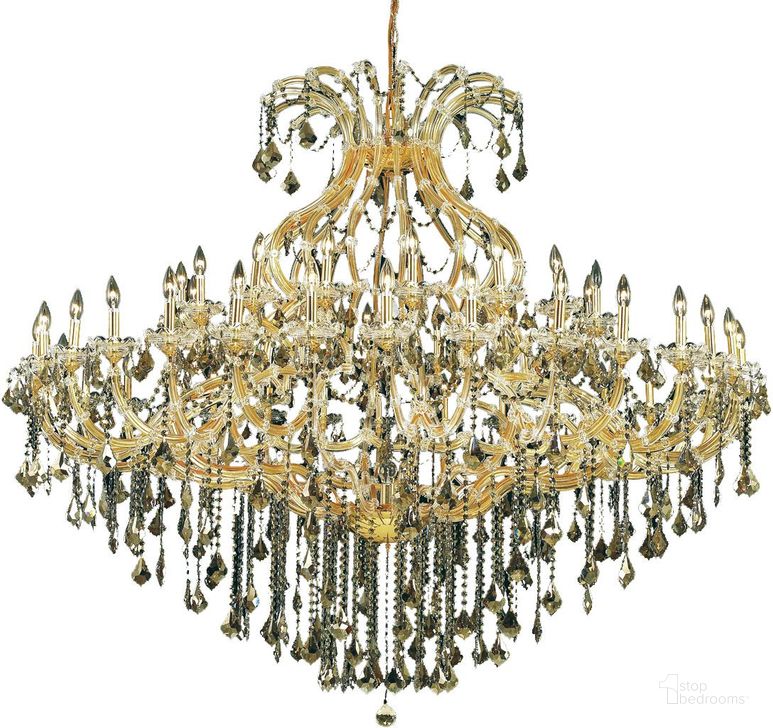 The appearance of 2800G72G/RC Maria Theresa 72 Gold 49 Light Chandelier With Clear Royal Cut Crystal Trim designed by Elegant Lighting in the glam interior design. This gold piece of furniture  was selected by 1StopBedrooms from Maria Theresa Collection to add a touch of cosiness and style into your home. Sku: 2800G72G/RC. Material: Glass. Product Type: Chandelier.