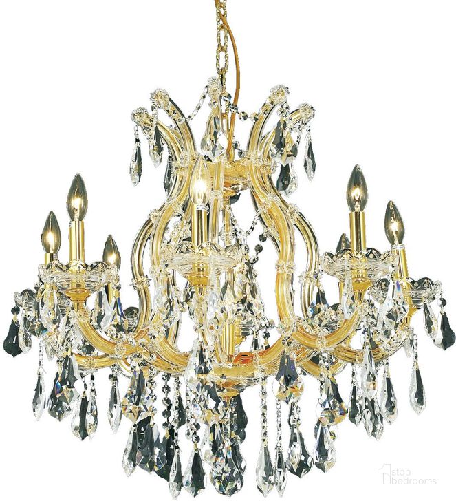 The appearance of 2801D26G/RC Maria Theresa 26 Gold 9 Light Chandelier With Clear Royal Cut Crystal Trim designed by Elegant Lighting in the glam interior design. This gold piece of furniture  was selected by 1StopBedrooms from Maria Theresa Collection to add a touch of cosiness and style into your home. Sku: 2801D26G/RC. Material: Glass. Product Type: Chandelier.