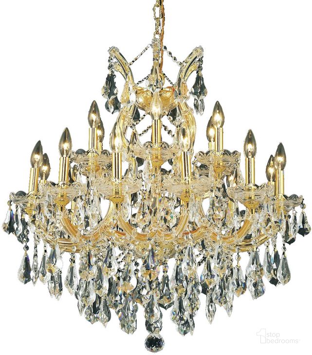 The appearance of 2801D30G/RC Maria Theresa 30 Gold 19 Light Chandelier With Clear Royal Cut Crystal Trim designed by Elegant Lighting in the glam interior design. This gold piece of furniture  was selected by 1StopBedrooms from Maria Theresa Collection to add a touch of cosiness and style into your home. Sku: 2801D30G/RC. Material: Glass. Product Type: Chandelier.