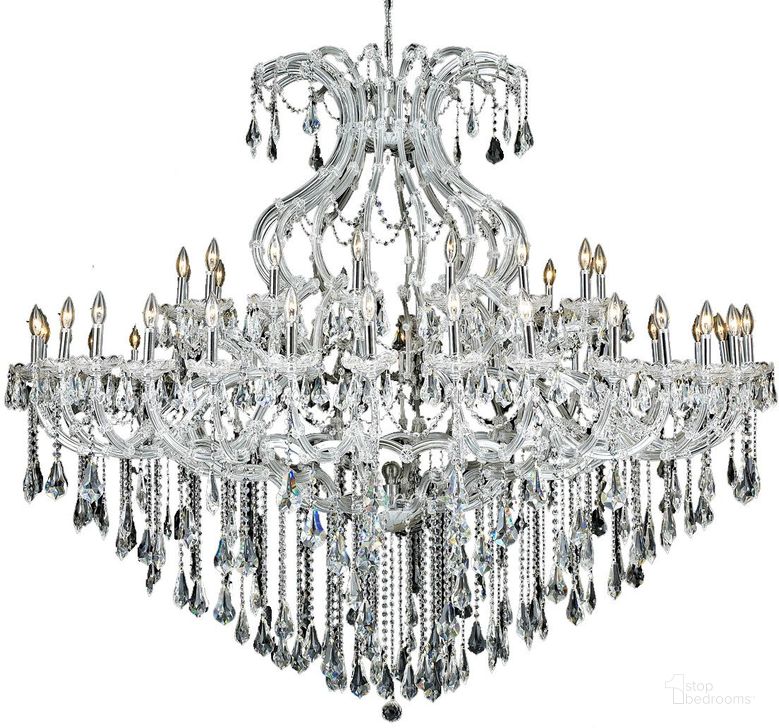 The appearance of 2801G72C/RC Maria Theresa 72 Chrome 49 Light Chandelier With Clear Royal Cut Crystal Trim designed by Elegant Lighting in the glam interior design. This chrome piece of furniture  was selected by 1StopBedrooms from Maria Theresa Collection to add a touch of cosiness and style into your home. Sku: 2801G72C/RC. Material: Glass. Product Type: Chandelier.