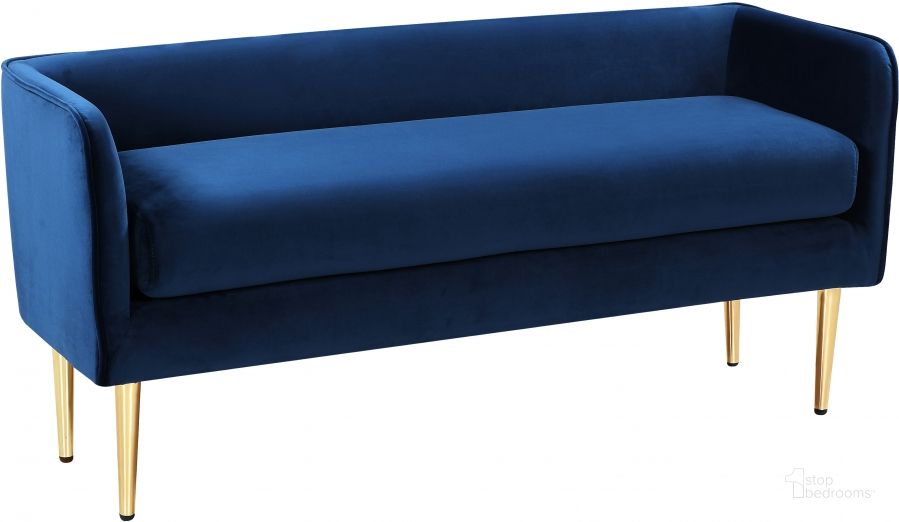 The appearance of Audrey Navy Velvet Bench designed by Meridian in the modern / contemporary interior design. This navy velvet piece of furniture  was selected by 1StopBedrooms from Audrey Collection to add a touch of cosiness and style into your home. Sku: 184Navy. Product Type: Bench. Material: Velvet. Image1