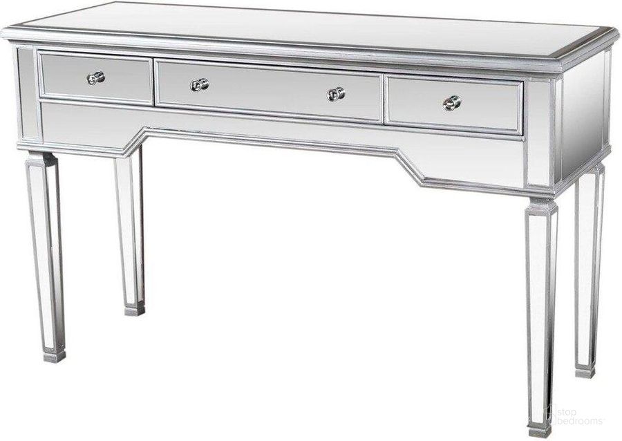 The appearance of 3 Drawer Wood And Mirrored Console Table In Silver Brushed designed by Best Master Furniture in the transitional interior design. This brushed silver piece of furniture  was selected by 1StopBedrooms from  to add a touch of cosiness and style into your home. Sku: FRA2011CT. Material: Wood. Product Type: Console Table. Image1