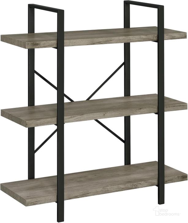 The appearance of 3-Shelf Bookcase In Grey Driftwood And Gunmetal designed by Coaster in the transitional interior design. This grey piece of furniture  was selected by 1StopBedrooms from  to add a touch of cosiness and style into your home. Sku: 805815. Material: Wood. Product Type: Bookcase. Image1