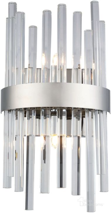 The appearance of Dallas 8 Chrome And Clear 2 Light Wall Sconce With Clear Royal Cut Crystal Trim designed by Elegant Lighting in the glam interior design. This chrome piece of furniture  was selected by 1StopBedrooms from Dallas Collection to add a touch of cosiness and style into your home. Sku: 3000W8C. Material: Metal. Product Type: Wall Sconce.