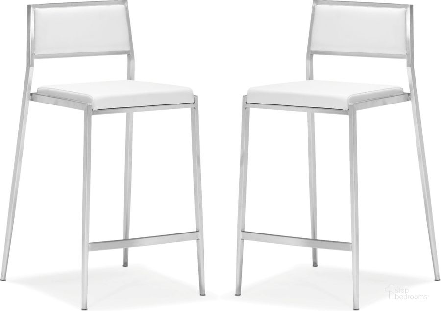 The appearance of Dolemite Counter Chair White Set of 2 designed by Zuo Modern in the modern / contemporary interior design. This white piece of furniture  was selected by 1StopBedrooms from Dolemite Collection to add a touch of cosiness and style into your home. Sku: 300189. Product Type: Counter Height Chair. Material: Vinyl. Image1