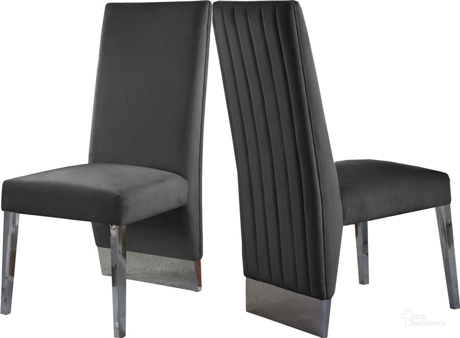 The appearance of Porsha Grey Velvet Dining Chair (Set of 2) 756Grey-C designed by Meridian in the modern / contemporary interior design. This grey velvet piece of furniture  was selected by 1StopBedrooms from Porsha Collection to add a touch of cosiness and style into your home. Sku: 756Grey-C. Product Type: Dining Chair. Material: Velvet. Image1