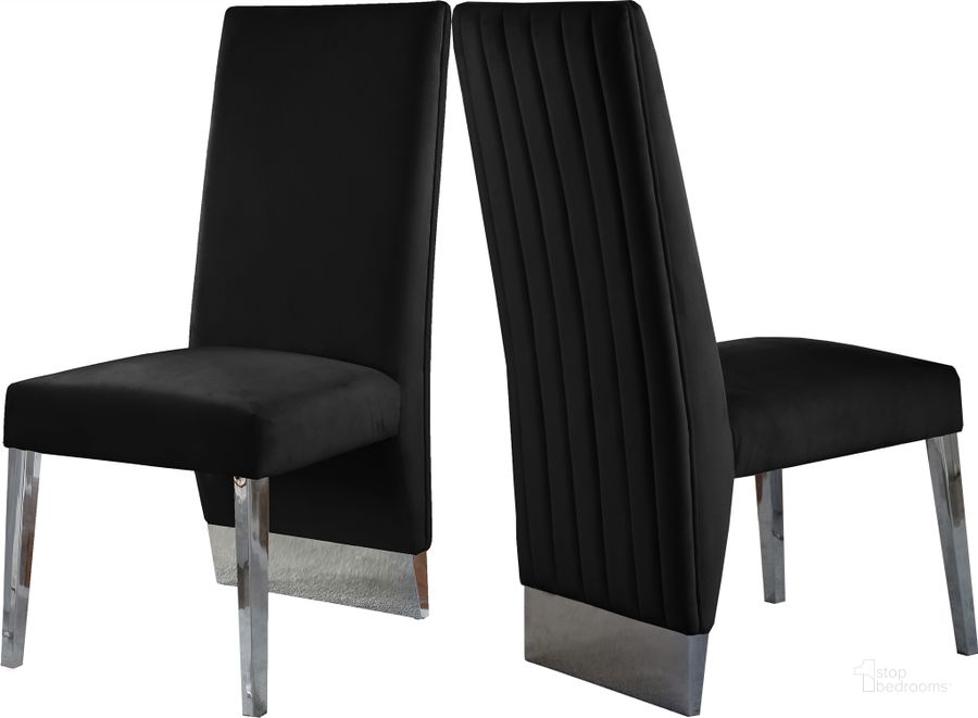 The appearance of Porsha Black Velvet Dining Chair (Set of 2) 756Black-C designed by Meridian in the modern / contemporary interior design. This black velvet piece of furniture  was selected by 1StopBedrooms from Porsha Collection to add a touch of cosiness and style into your home. Sku: 756Black-C. Product Type: Dining Chair. Material: Velvet. Image1