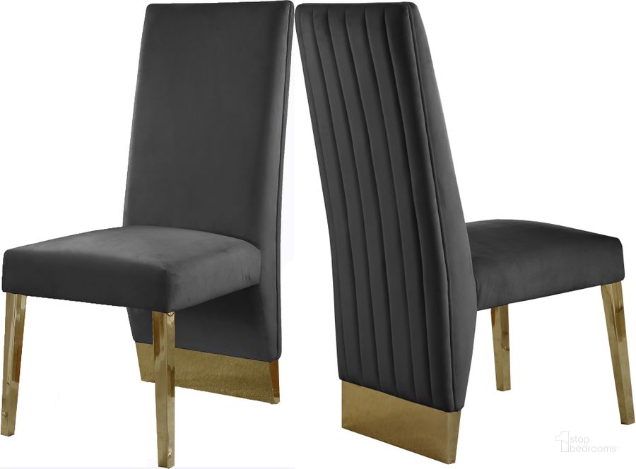 The appearance of Porsha Grey Velvet Dining Chair (Set of 2) 755Grey-C designed by Meridian in the modern / contemporary interior design. This grey velvet piece of furniture  was selected by 1StopBedrooms from Porsha Collection to add a touch of cosiness and style into your home. Sku: 755Grey-C. Product Type: Dining Chair. Material: Velvet. Image1