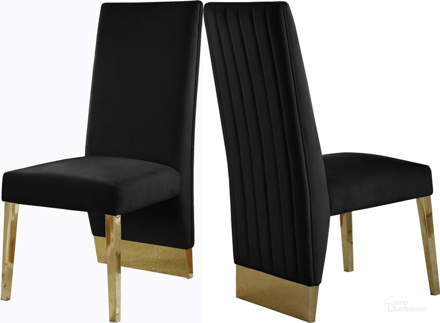 The appearance of Porsha Black Velvet Dining Chair (Set of 2) 755Black-C designed by Meridian in the modern / contemporary interior design. This black velvet piece of furniture  was selected by 1StopBedrooms from Porsha Collection to add a touch of cosiness and style into your home. Sku: 755Black-C. Product Type: Dining Chair. Material: Velvet. Image1