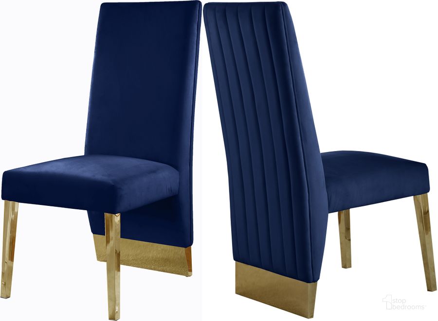 The appearance of Porsha Navy Velvet Dining Chair (Set of 2) 755Navy-C designed by Meridian in the modern / contemporary interior design. This navy velvet piece of furniture  was selected by 1StopBedrooms from Porsha Collection to add a touch of cosiness and style into your home. Sku: 755Navy-C. Product Type: Dining Chair. Material: Velvet. Image1