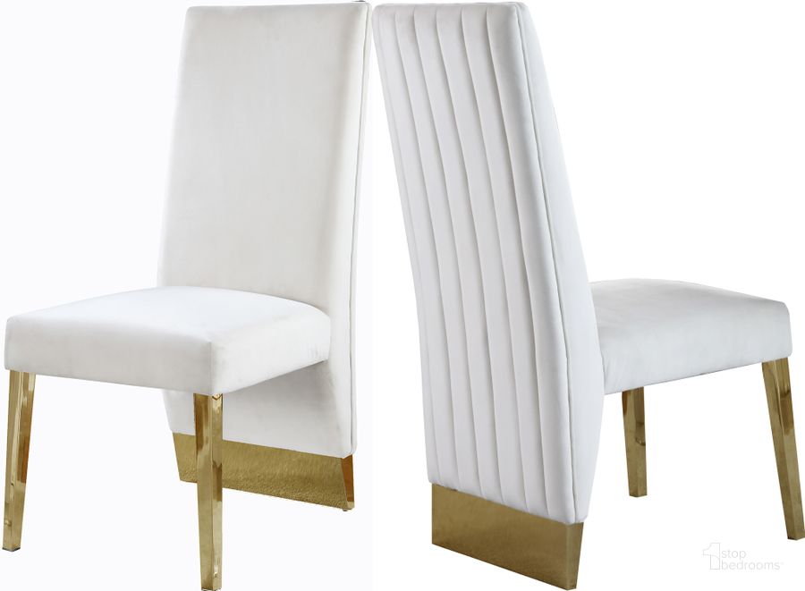 The appearance of Porsha Cream Velvet Dining Chair (Set of 2) designed by Meridian in the modern / contemporary interior design. This cream velvet piece of furniture  was selected by 1StopBedrooms from Porsha Collection to add a touch of cosiness and style into your home. Sku: 755Cream-C. Product Type: Dining Chair. Material: Velvet. Image1