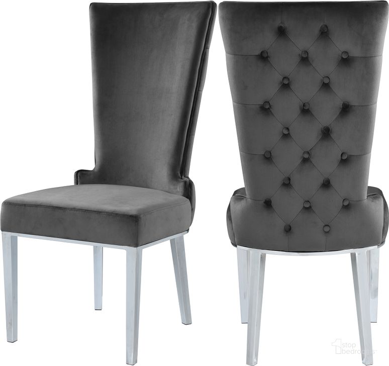 The appearance of Serafina Grey Velvet Dining Chair (Set of 2) designed by Meridian in the modern / contemporary interior design. This grey velvet piece of furniture  was selected by 1StopBedrooms from Serafina Collection to add a touch of cosiness and style into your home. Sku: 729Grey-C. Product Type: Dining Chair. Material: Velvet. Image1