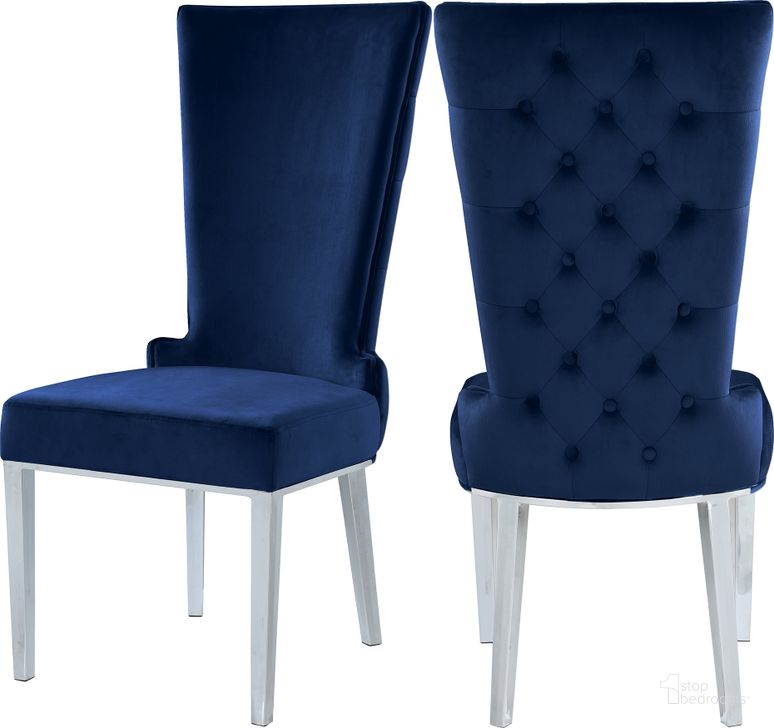 The appearance of Serafina Navy Velvet Dining Chair (Set of 2) designed by Meridian in the modern / contemporary interior design. This navy velvet piece of furniture  was selected by 1StopBedrooms from Serafina Collection to add a touch of cosiness and style into your home. Sku: 729Navy-C. Product Type: Dining Chair. Material: Velvet. Image1