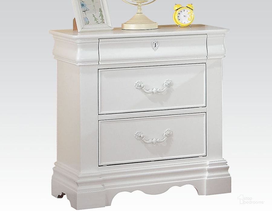 The appearance of ACME Estrella Youth Nightstand in White designed by ACME in the transitional interior design. This white piece of furniture  was selected by 1StopBedrooms from Estrella Collection to add a touch of cosiness and style into your home. Sku: 30243. Material: Wood. Product Type: Nightstand. Image1