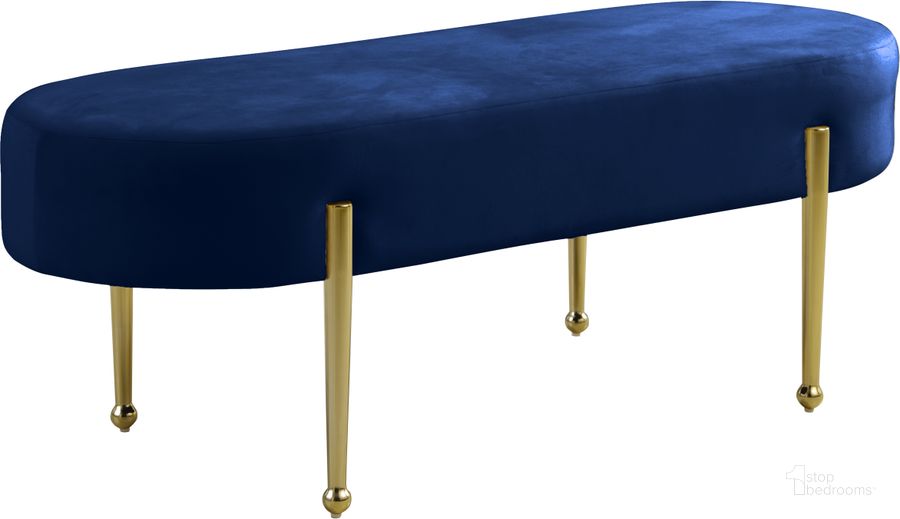 The appearance of Gia Navy Velvet Bench designed by Meridian in the modern / contemporary interior design. This navy velvet piece of furniture  was selected by 1StopBedrooms from Gia Collection to add a touch of cosiness and style into your home. Sku: 107Navy. Product Type: Bedroom Bench. Material: Velvet. Image1