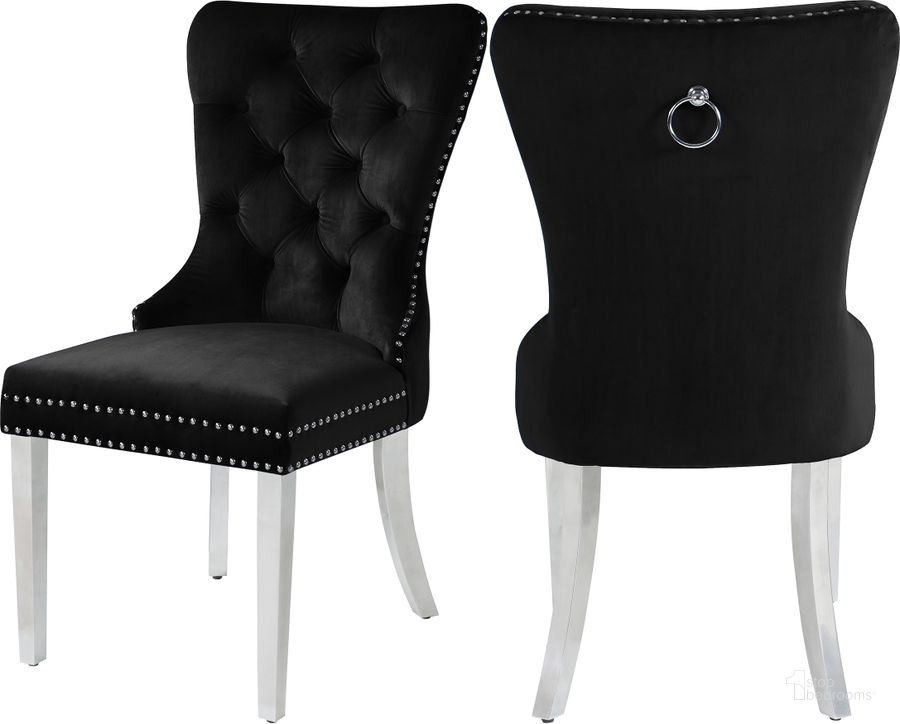 The appearance of Carmen Velvet Dining Chair Set of 2 In Black designed by Meridian in the modern / contemporary interior design. This black piece of furniture  was selected by 1StopBedrooms from Carmen Collection to add a touch of cosiness and style into your home. Sku: 743Black-C. Product Type: Dining Chair. Material: Velvet. Image1