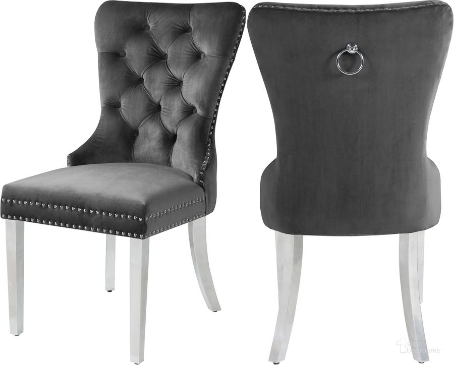 The appearance of Carmen Grey Velvet Dining Chair (Set of 2) designed by Meridian in the modern / contemporary interior design. This grey velvet piece of furniture  was selected by 1StopBedrooms from Carmen Collection to add a touch of cosiness and style into your home. Sku: 743Grey-C. Product Type: Dining Chair. Material: Velvet. Image1