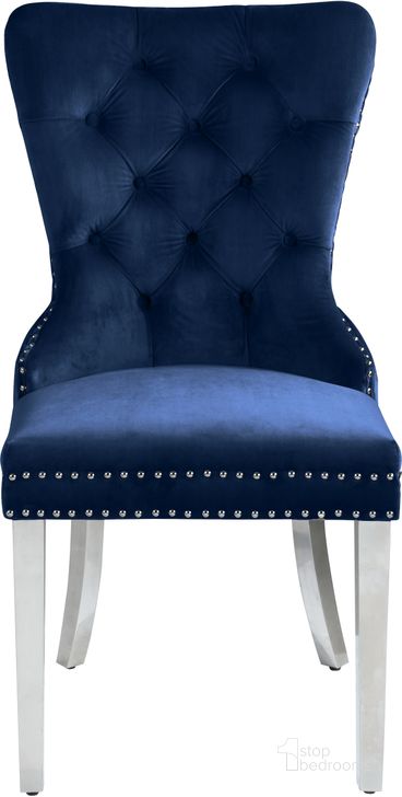 The appearance of Carmen Navy Velvet Dining Chair (Set of 2) designed by Meridian in the modern / contemporary interior design. This navy velvet piece of furniture  was selected by 1StopBedrooms from Carmen Collection to add a touch of cosiness and style into your home. Sku: 743Navy-C. Product Type: Dining Chair. Material: Velvet. Image1