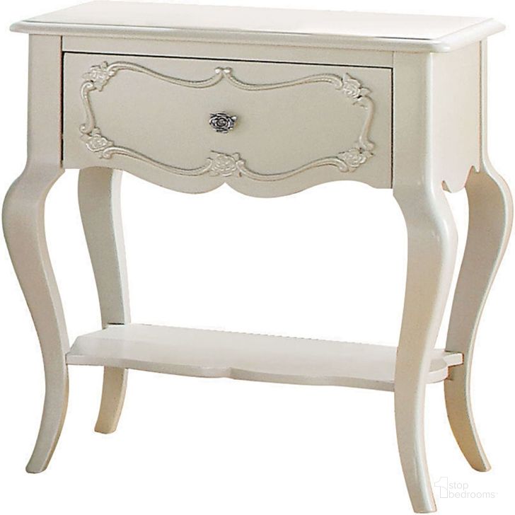 The appearance of Edalene Pearl White Nightstand designed by ACME in the transitional interior design. This pearl piece of furniture  was selected by 1StopBedrooms from Edalene Collection to add a touch of cosiness and style into your home. Sku: 30509. Material: Wood. Product Type: Nightstand. Image1
