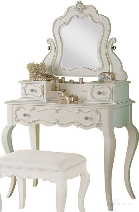 The appearance of Edalene Pearl White Vanity with Mirror designed by ACME in the transitional interior design. This white piece of furniture  was selected by 1StopBedrooms from Edalene Collection to add a touch of cosiness and style into your home. Sku: 30516DESK;30517HUTCH;30518MR. Material: Glass. Product Type: Vanity. Image1