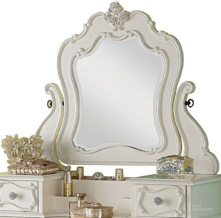 The appearance of Edalene Vanity Mirror In Pearl White designed by ACME in the transitional interior design. This pearl white piece of furniture  was selected by 1StopBedrooms from Edalene Collection to add a touch of cosiness and style into your home. Sku: 30518MR. Material: Wood. Product Type: Vanity Desk.