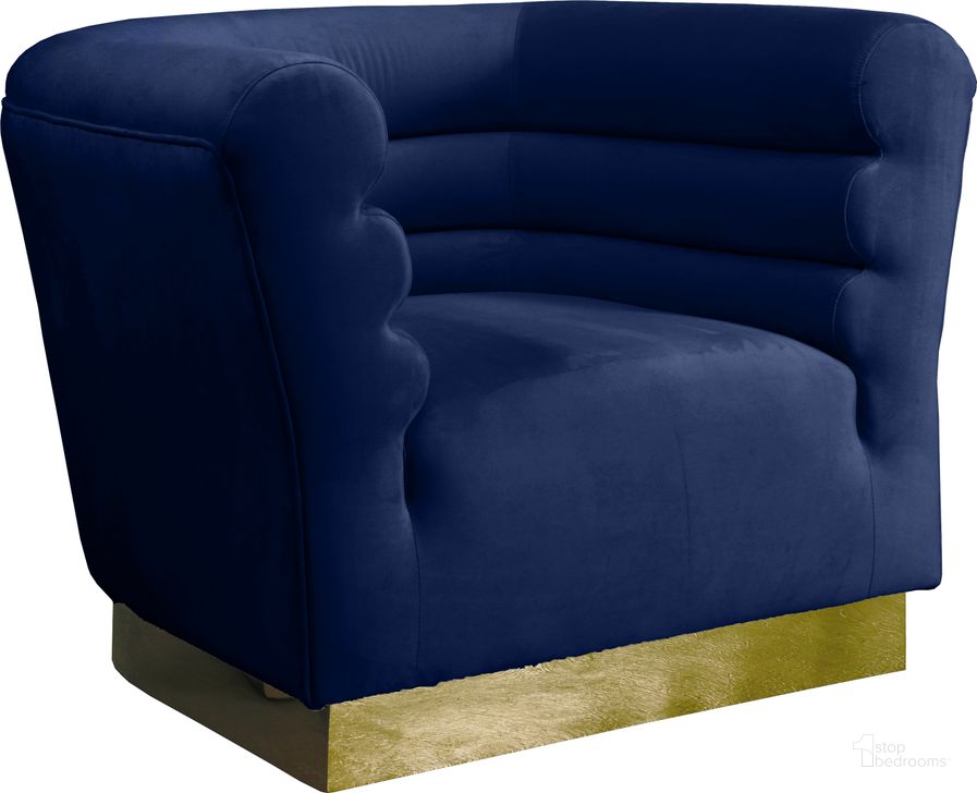 The appearance of Bellini Navy Velvet Chair designed by Meridian in the modern / contemporary interior design. This navy velvet piece of furniture  was selected by 1StopBedrooms from Bellini Collection to add a touch of cosiness and style into your home. Sku: 669Navy-C. Product Type: Living Room Chair. Material: Velvet. Image1