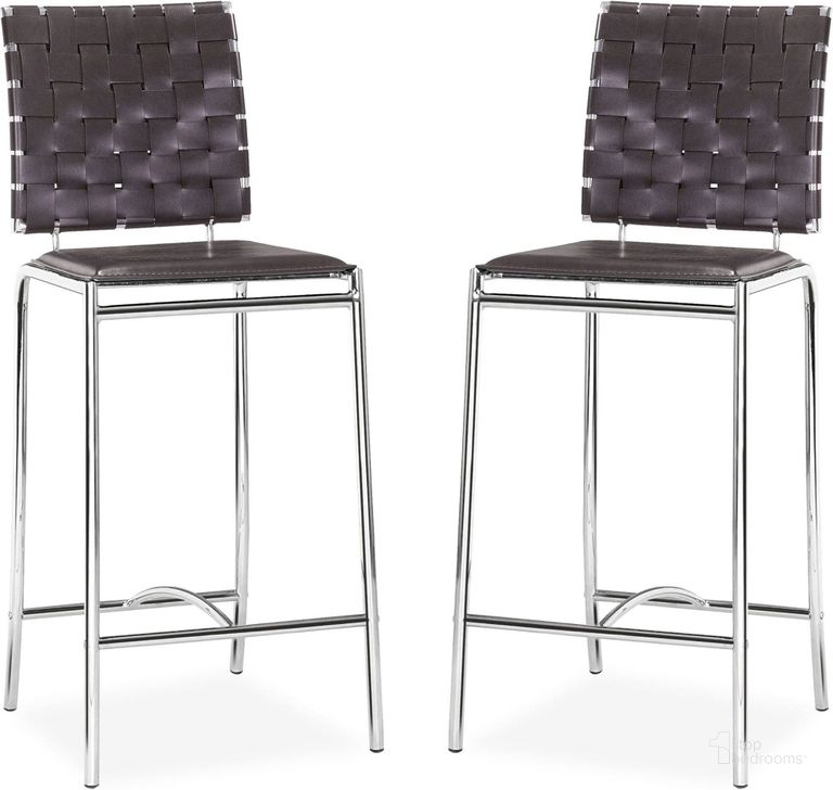 The appearance of Criss Cross Counter Chair Espresso Set of 2 designed by Zuo Modern in the modern / contemporary interior design. This espresso piece of furniture  was selected by 1StopBedrooms from Criss Cross Collection to add a touch of cosiness and style into your home. Sku: 333060. Product Type: Counter Height Chair. Material: Vinyl. Image1
