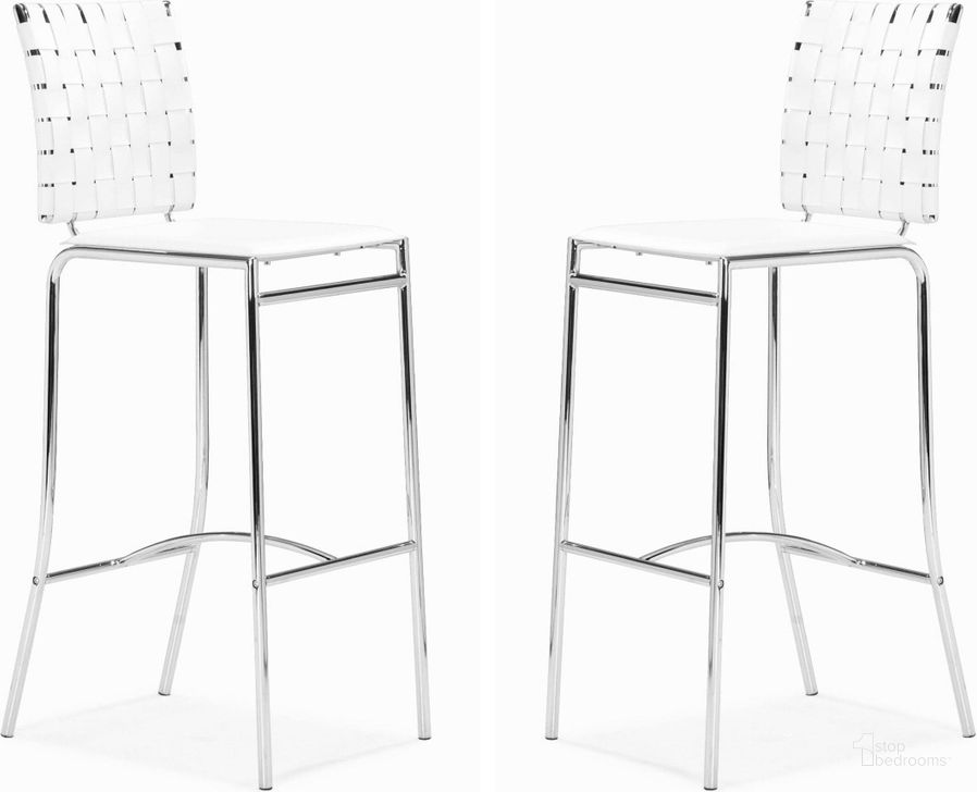 The appearance of Criss Cross Bar Chair White Set of 2 designed by Zuo Modern in the modern / contemporary interior design. This white piece of furniture  was selected by 1StopBedrooms from Criss Cross Collection to add a touch of cosiness and style into your home. Sku: 333071. Product Type: Bar Chair. Material: Vinyl. Image1