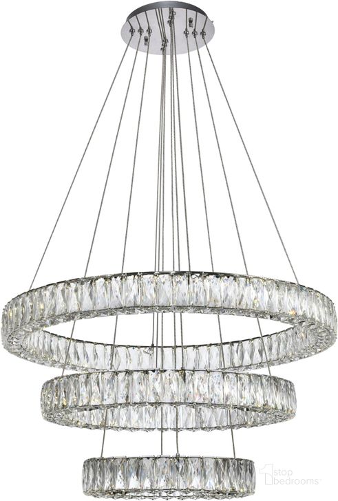 The appearance of 3503G3LC Monroe 32" Chrome Chandelier With Clear Royal Cut Crystal Trim designed by Elegant Lighting in the glam interior design. This chrome piece of furniture  was selected by 1StopBedrooms from Monroe Collection to add a touch of cosiness and style into your home. Sku: 3503G3LC. Product Type: Chandelier. Material: Stainless Steel. Image1
