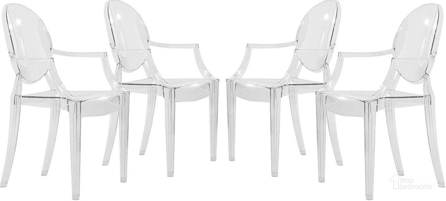 The appearance of 4 LeisureMod Carroll Clear Acrylic Chairs designed by LeisureMod in the modern / contemporary interior design. This clear piece of furniture  was selected by 1StopBedrooms from Carroll Collection to add a touch of cosiness and style into your home. Sku: GC22CL4. Product Type: Arm Chair. Material: Acrylic. Image1