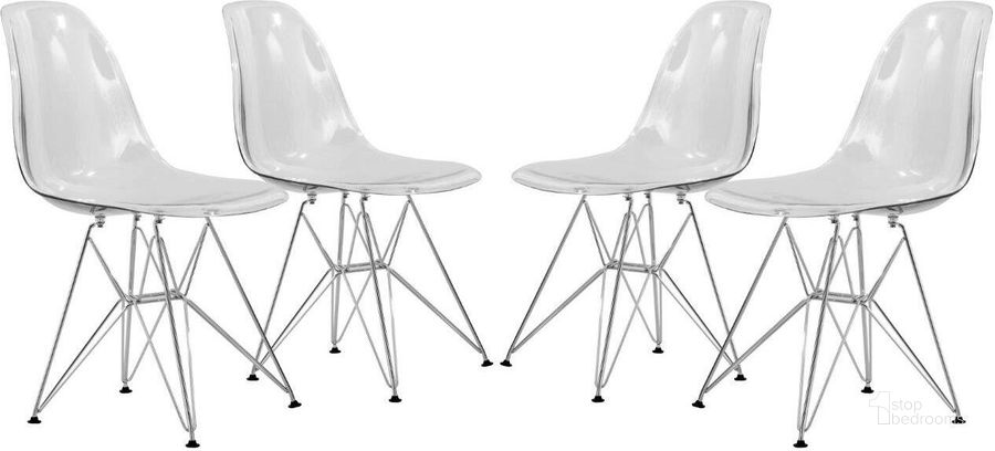 The appearance of 4 LeisureMod Cresco Clear Molded Eiffel Side Chairs designed by LeisureMod in the modern / contemporary interior design. This clear piece of furniture  was selected by 1StopBedrooms from Cresco Collection to add a touch of cosiness and style into your home. Sku: CR19CL4. Product Type: Side Chair. Material: Plastic. Image1