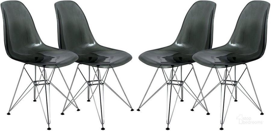 The appearance of 4 LeisureMod Cresco Transparent Black Molded Eiffel Side Chairs designed by LeisureMod in the modern / contemporary interior design. This transparent black piece of furniture  was selected by 1StopBedrooms from Cresco Collection to add a touch of cosiness and style into your home. Sku: CR19TBL4. Product Type: Side Chair. Material: Plastic. Image1